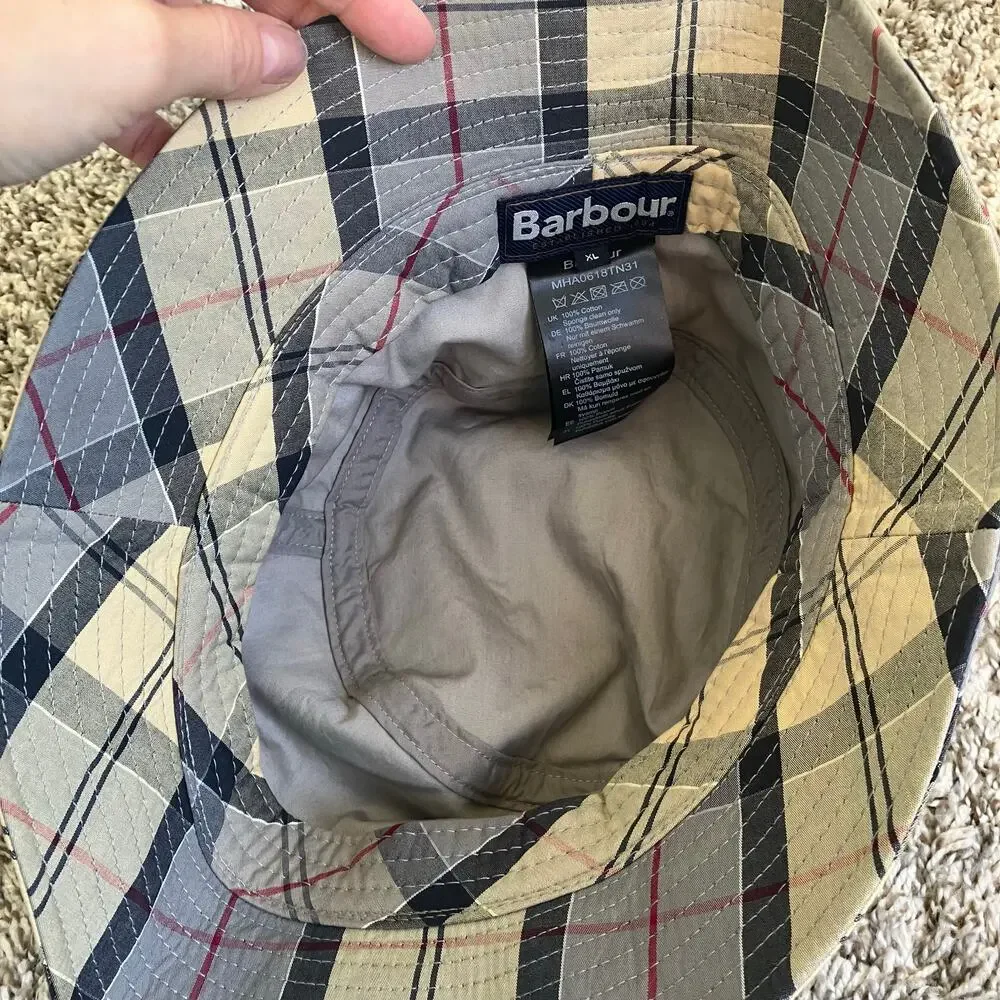 Barbour Mens Sz XL Tartan Bucket Hat Cream Grey Plaid Cassic - Picture 6 of 13